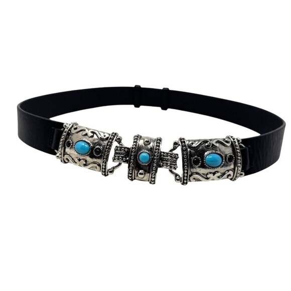 WCM New York Womens size Medium Black Statement belt turquoise cabochon Western - Picture 1 of 9